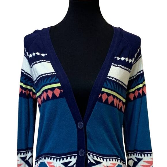 Nollie Womens Medium Aztec Inspired Striped Cotton Blend Knit Cardigan Sweater - Picture 2 of 5